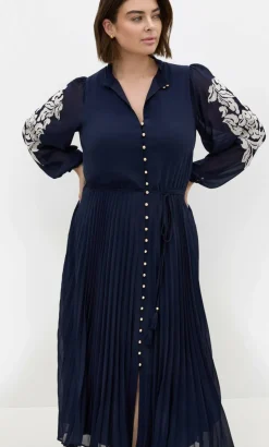 Adorn Sleeve Pleat Midi Dress - navy