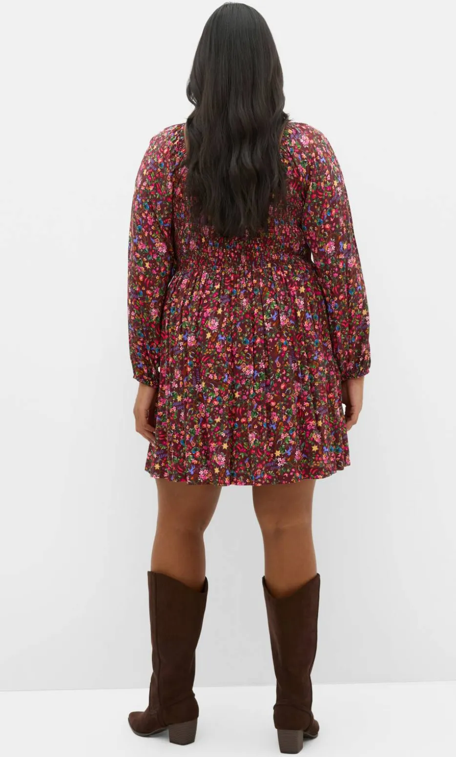 Aire Ditsy Print Long Sleeve Mini Dress - choc cherry