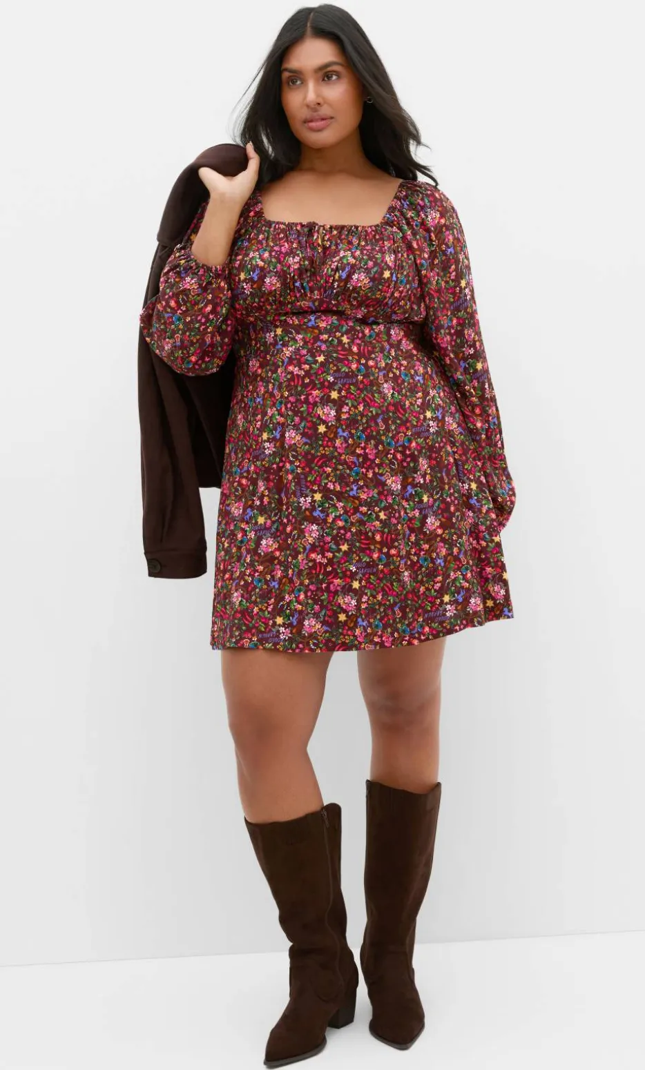 Aire Ditsy Print Long Sleeve Mini Dress - choc cherry