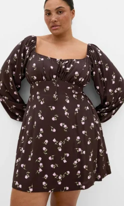Aire Field Print Long Sleeve Mini Dress - chocolate