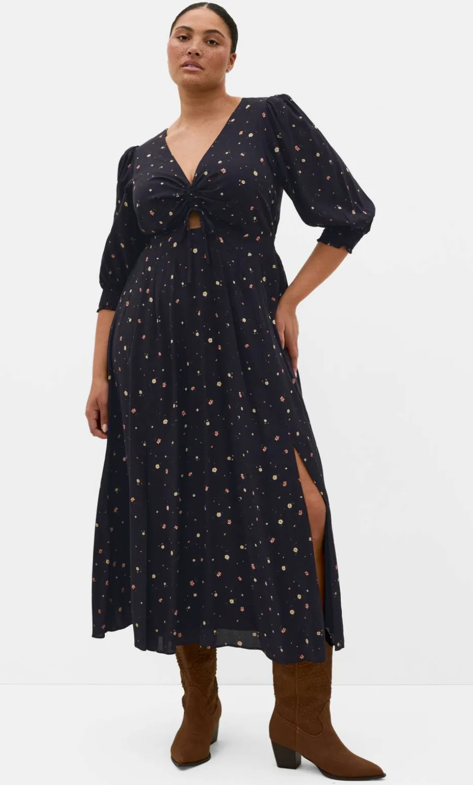 Alisia Elbow Sleeve Ditsy Print Maxi Dress - navy