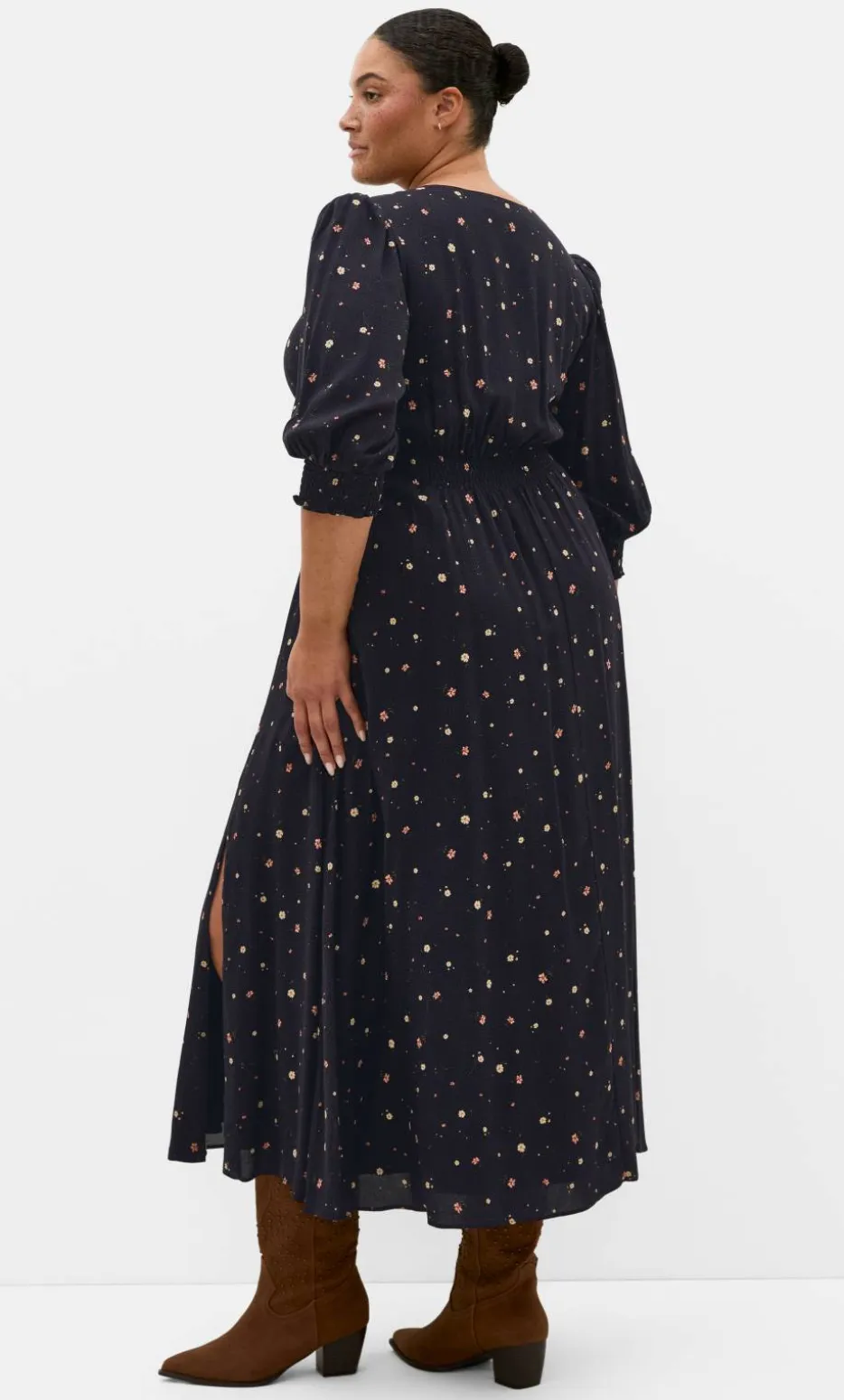 Alisia Elbow Sleeve Ditsy Print Maxi Dress - navy