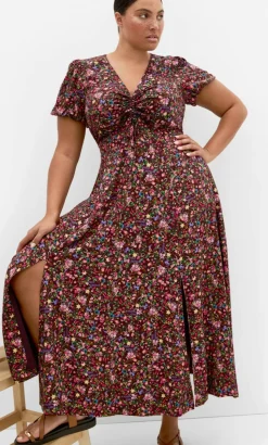 Aliya Ditsy Print Maxi Dress - burgundy