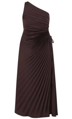 Aliza One Shoulder Pleat Maxi Dress - chocolate