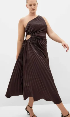 Aliza One Shoulder Pleat Maxi Dress - chocolate