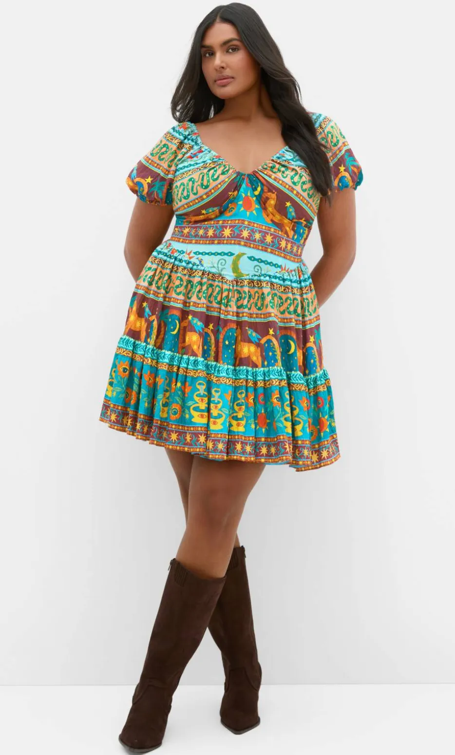 Amaria Print V Neck Mini Dress - alpine green