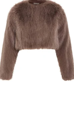 Angelica Faux Fur Crop Jacket - truffle