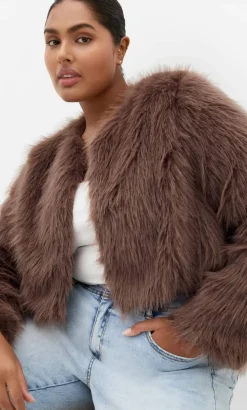 Angelica Faux Fur Crop Jacket - truffle