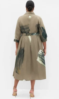 Angel Print Cotton Shirt Dress - khaki
