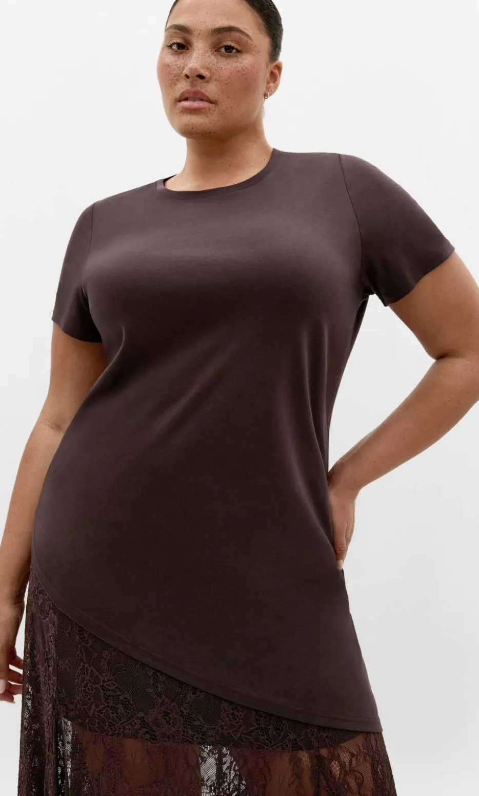 Angled Hem Cotton Tee - espresso