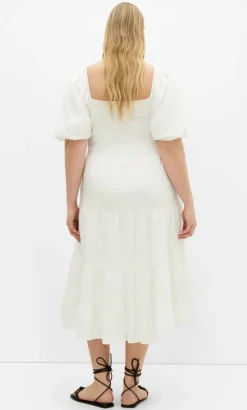 Ariella Puff Sleeve Midi Dress - ivory