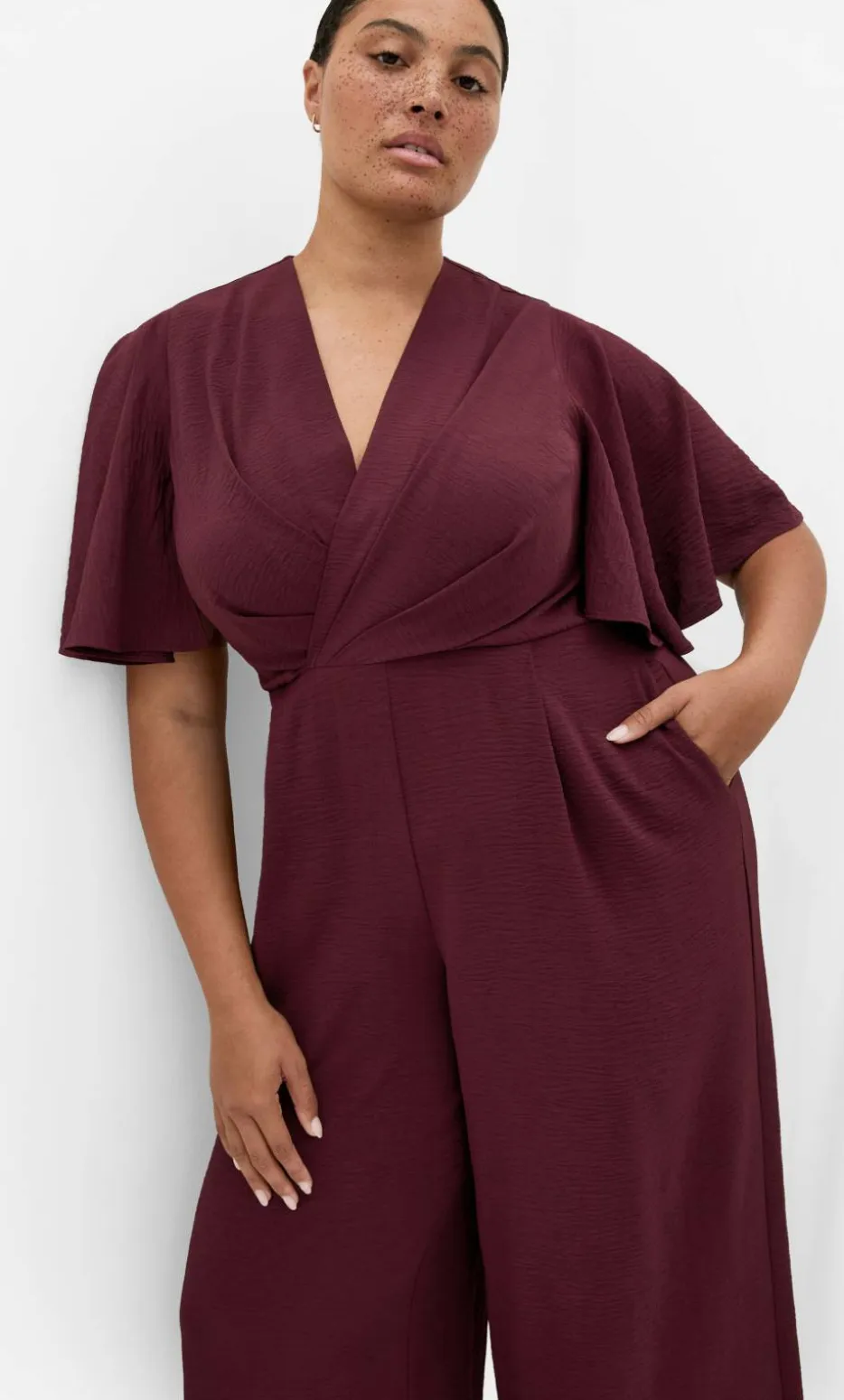 Braelynn V Neck Jumpsuit - dark cherry
