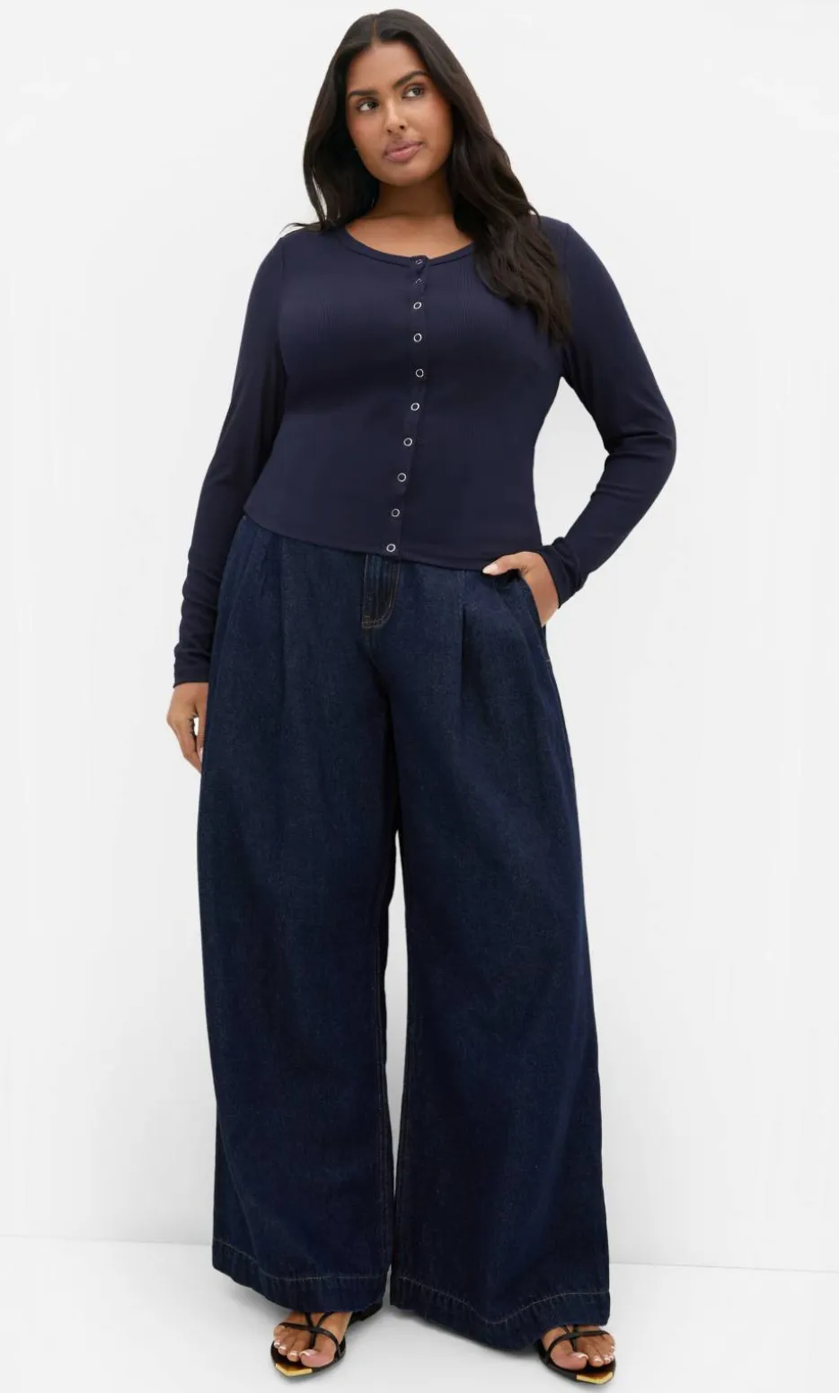 Cassia Button Through Rib Top - navy