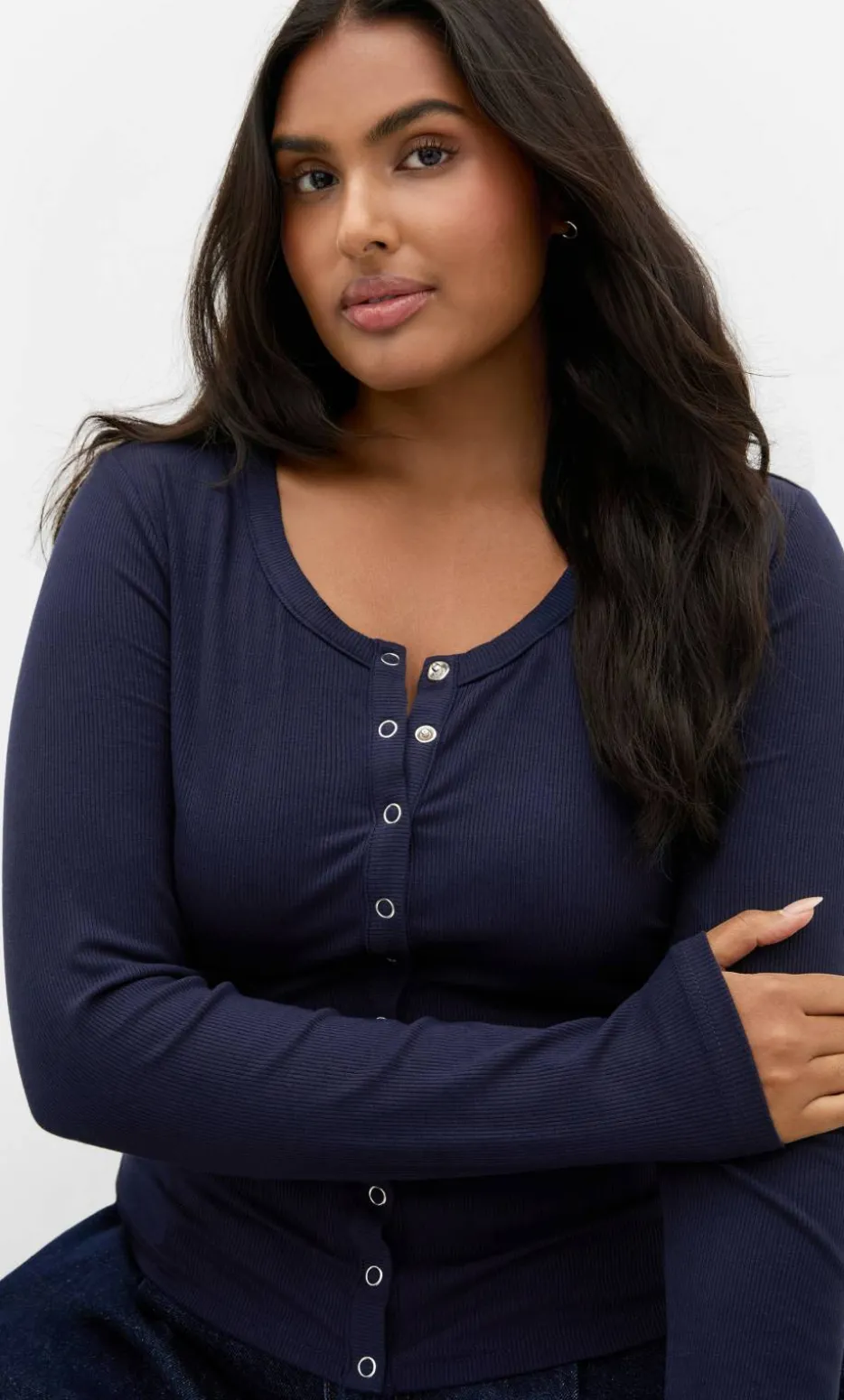 Cassia Button Through Rib Top - navy