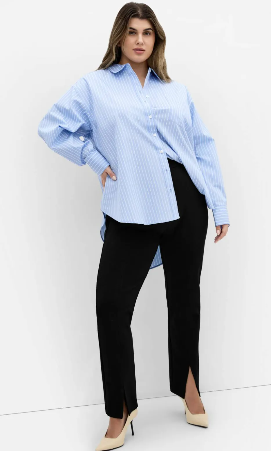Chiara Oversized Longline Stripe Cotton Shirt - sky blue