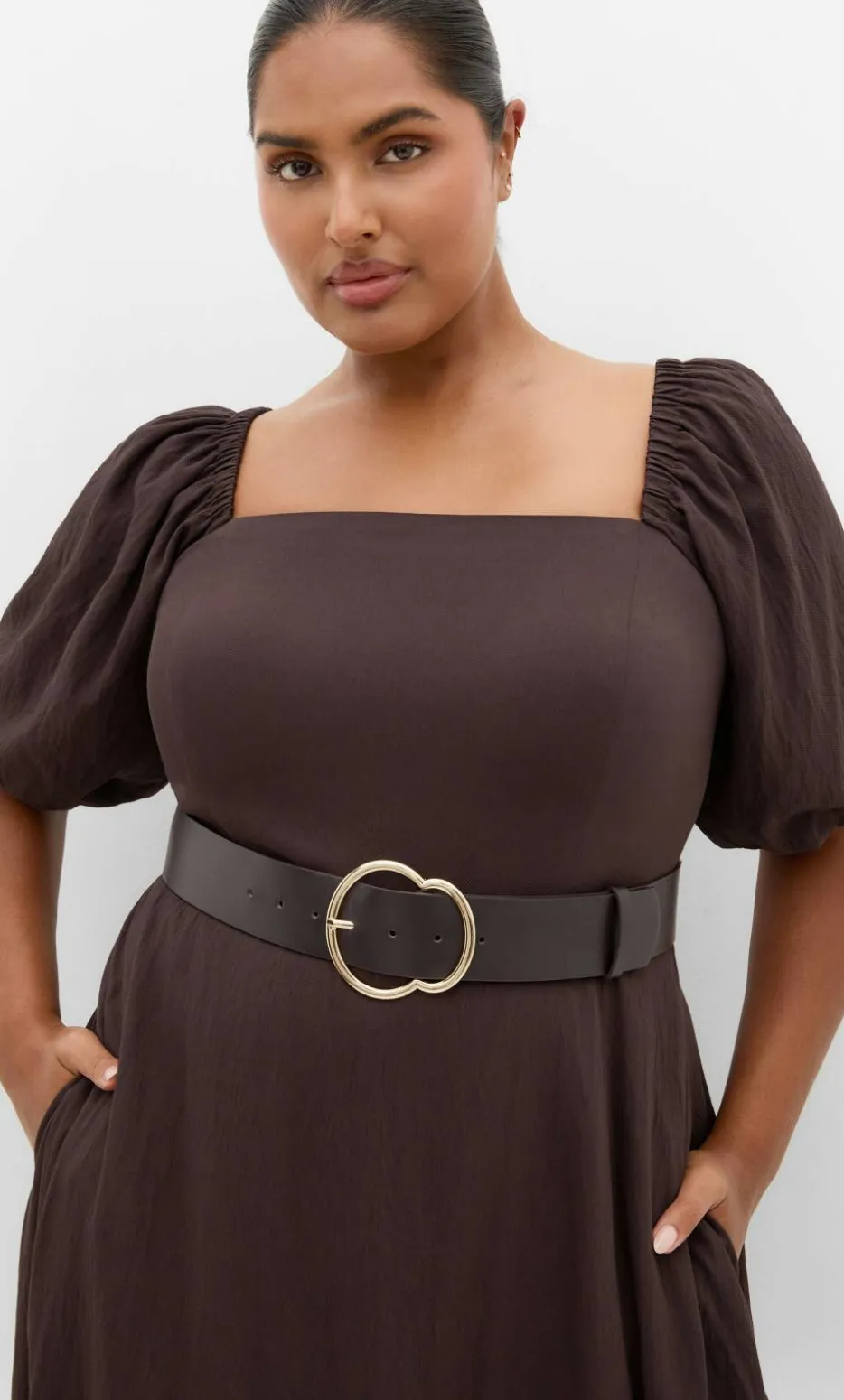 Collins Puff Sleeve Belted Maxi Dress - dark chocolate