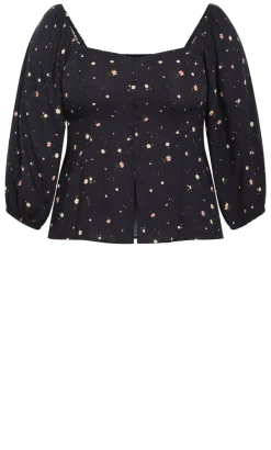 Daydreamer Elbow Sleeve Ditsy Print Top - navy