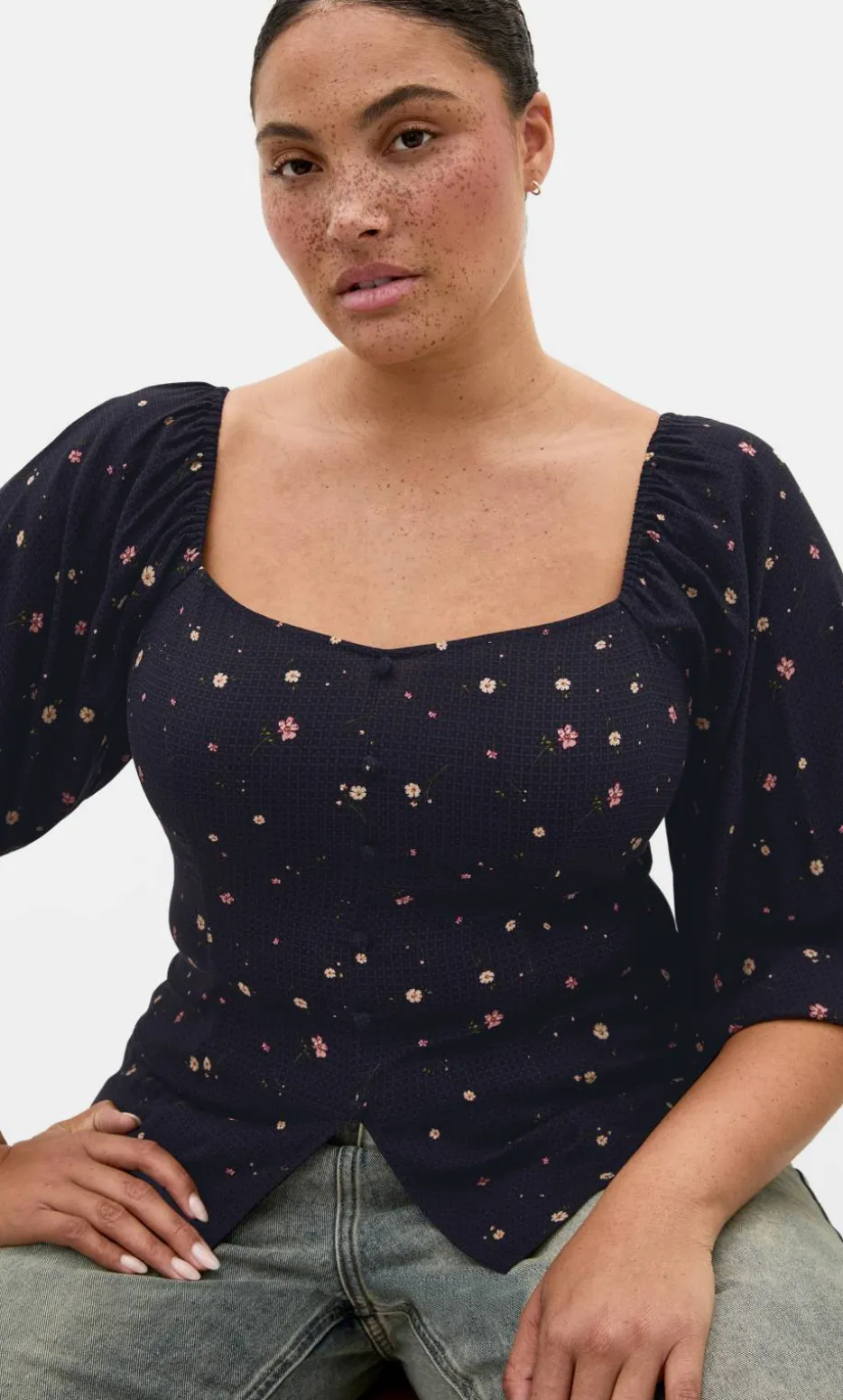 Daydreamer Elbow Sleeve Ditsy Print Top - navy