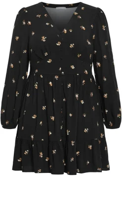 Elsie Print Long Sleeve Mini Dress - black