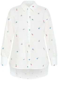 Embroidery Floral Print Cotton Shirt - ivory