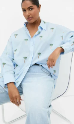 Embroidery Palm Print Cotton Shirt - sky blue