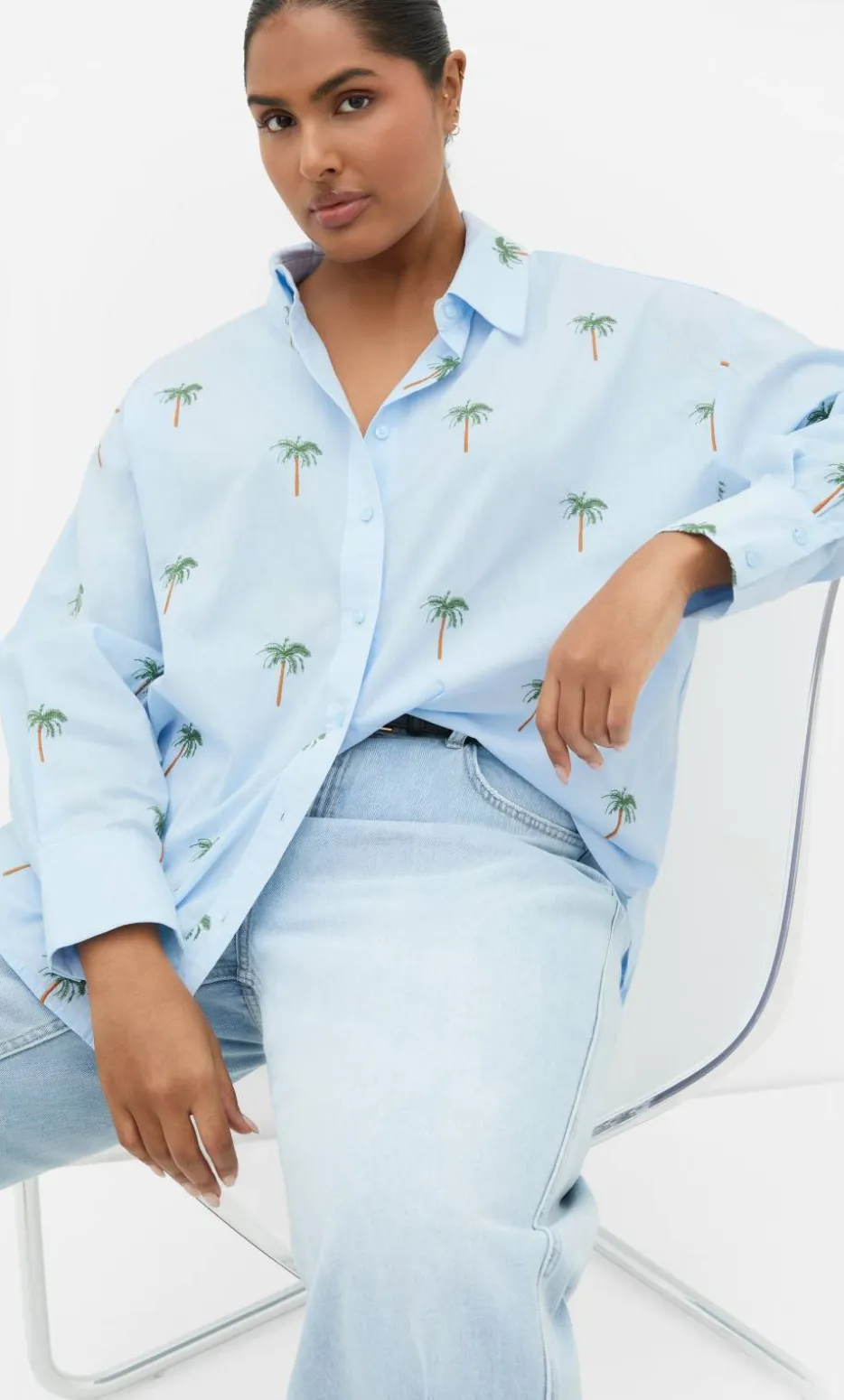 Embroidery Palm Print Cotton Shirt - sky blue