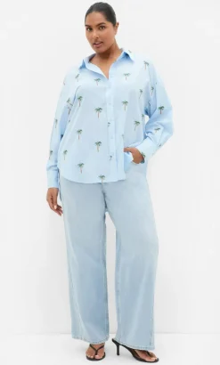 Embroidery Palm Print Cotton Shirt - sky blue