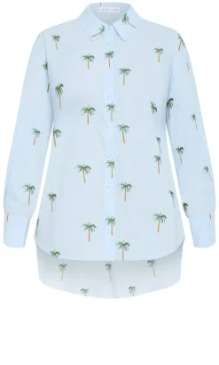 Embroidery Palm Print Cotton Shirt - sky blue