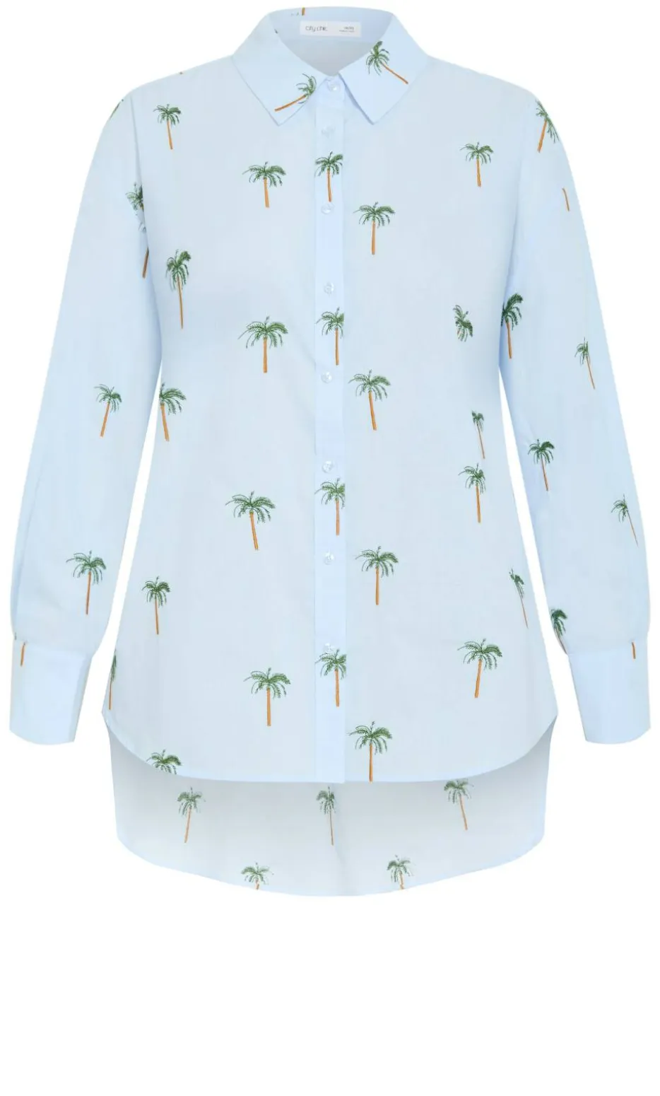 Embroidery Palm Print Cotton Shirt - sky blue