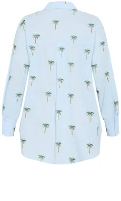 Embroidery Palm Print Cotton Shirt - sky blue
