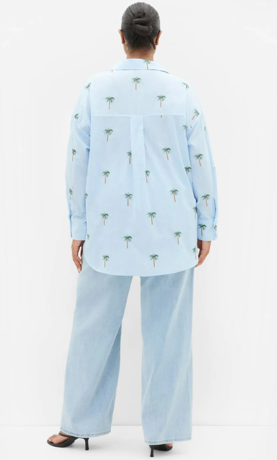 Embroidery Palm Print Cotton Shirt - sky blue