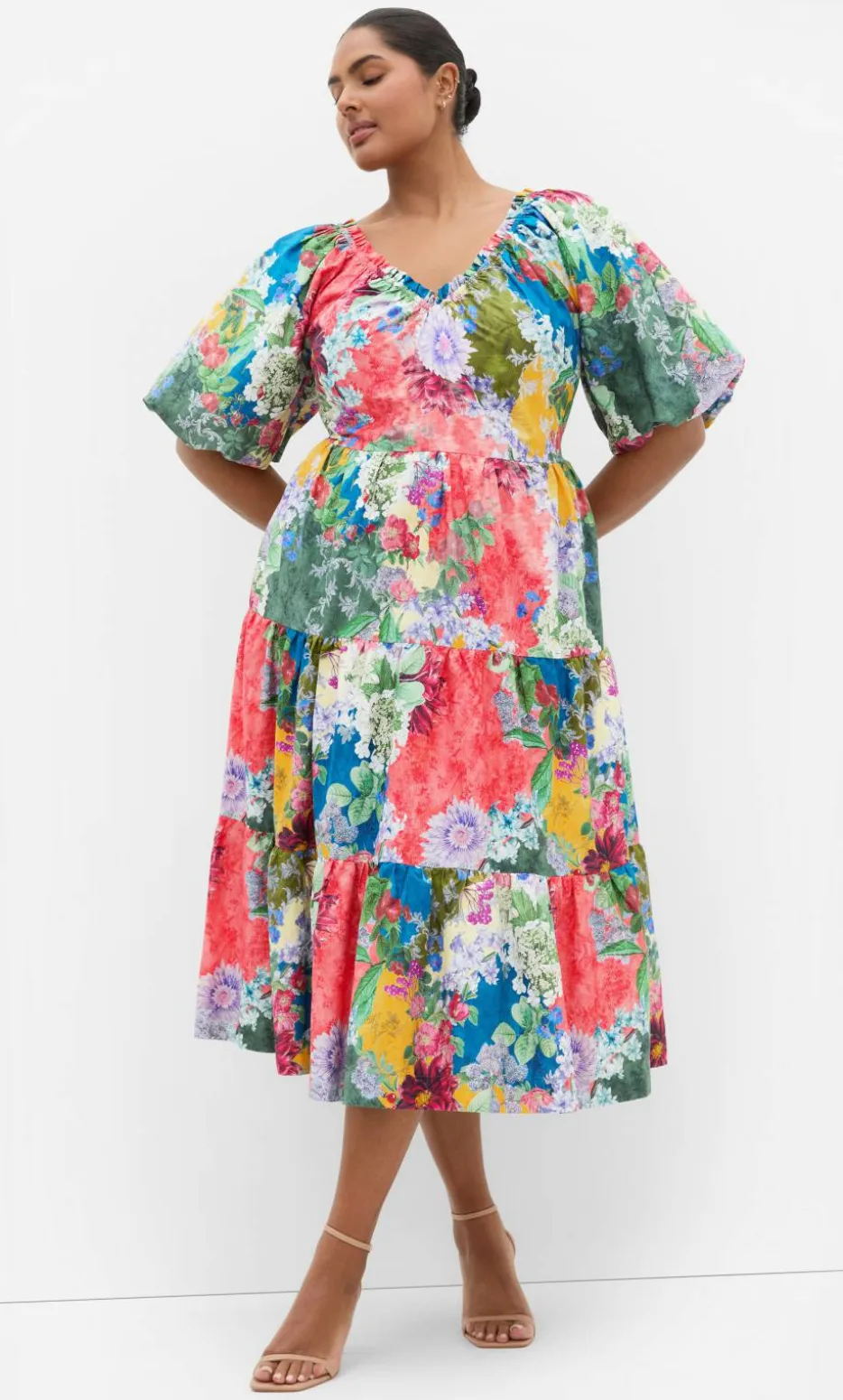 Fantasy Berry Floral Print V Neck Dress - sage