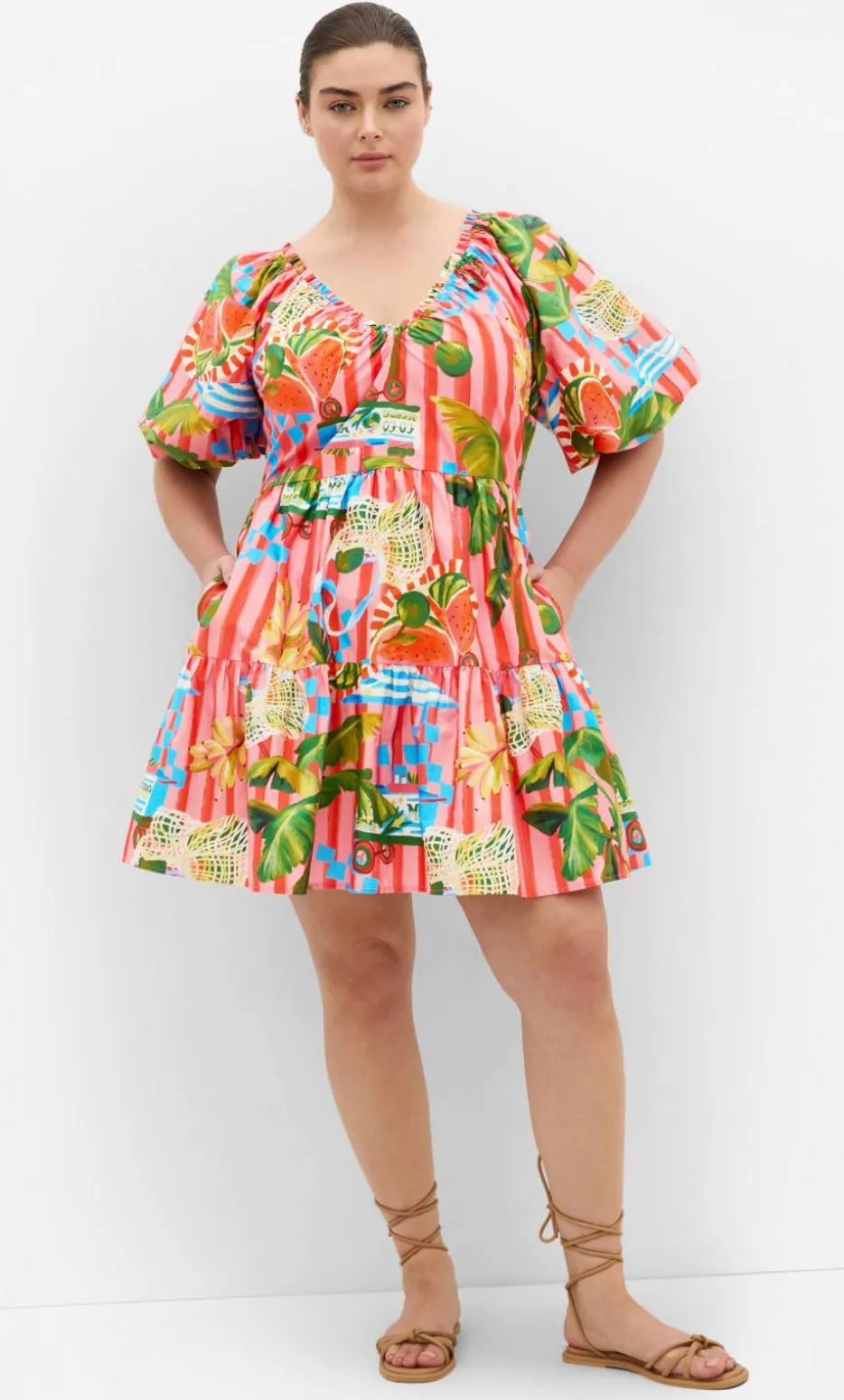 Fantasy Holiday Print Puff Sleeve Mini Dress - pink