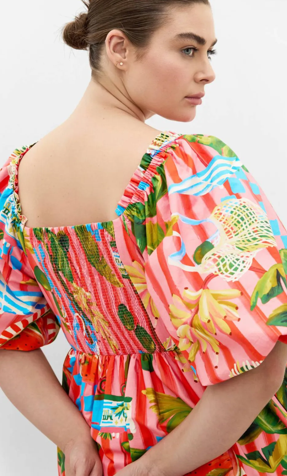 Fantasy Holiday Print Puff Sleeve Mini Dress - pink