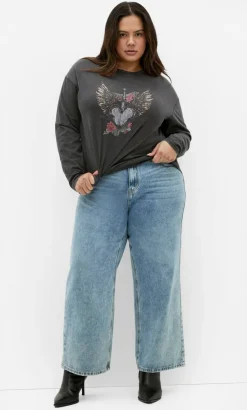 Heart Break Long Sleeve Cotton Tee - charcoal wash