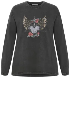Heart Break Long Sleeve Cotton Tee - charcoal wash