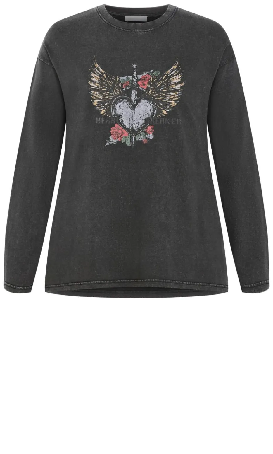 Heart Break Long Sleeve Cotton Tee - charcoal wash