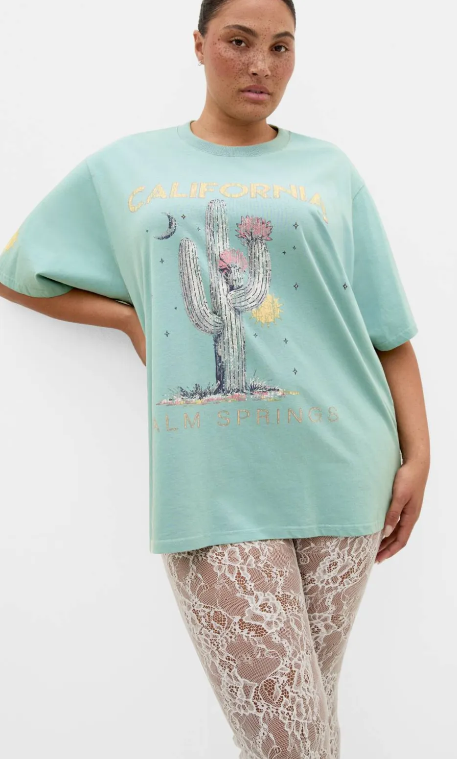 Indigo Cactus Oversized Cotton Tee - sage