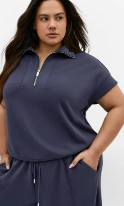Kay Zip Short Sleeve Sweat Top - navy