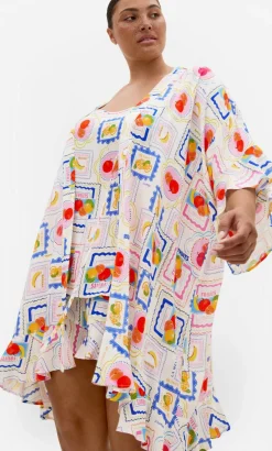 Kitty Citrus Print Sleep Kimono - ivory