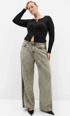 Lily Button Through Rib Top - black