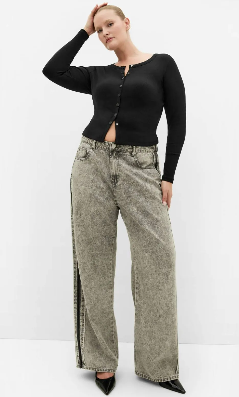 Lily Button Through Rib Top - black
