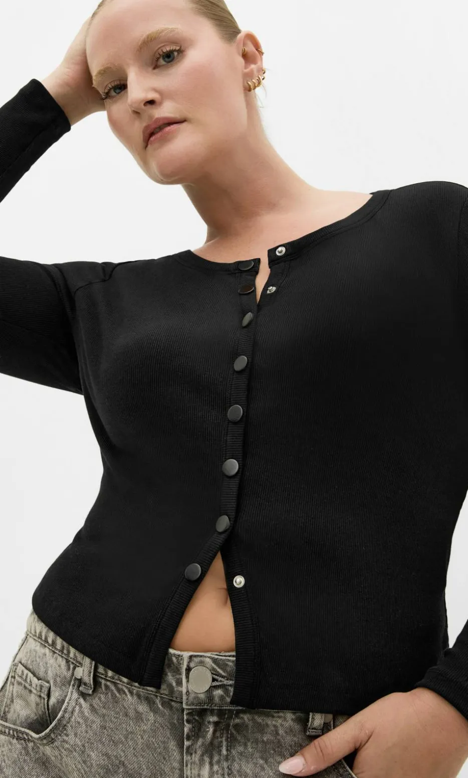 Lily Button Through Rib Top - black