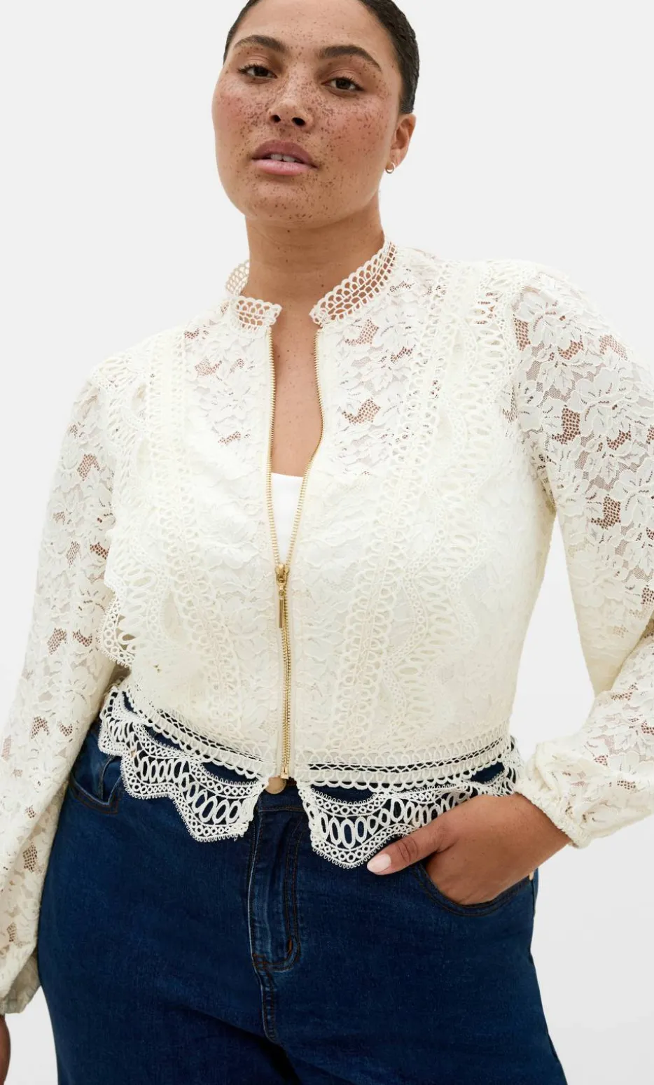 Lucielle Lightweight Zip-Front Lace Jacket - porcelain