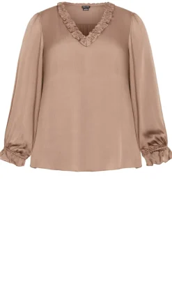 Maia Ruffle V Neck Top - almond