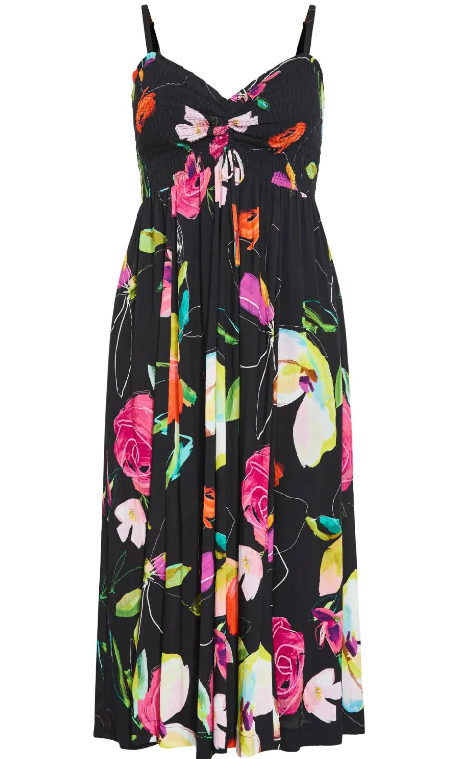 Malina Sketch Print Shirred Maxi Dress - black