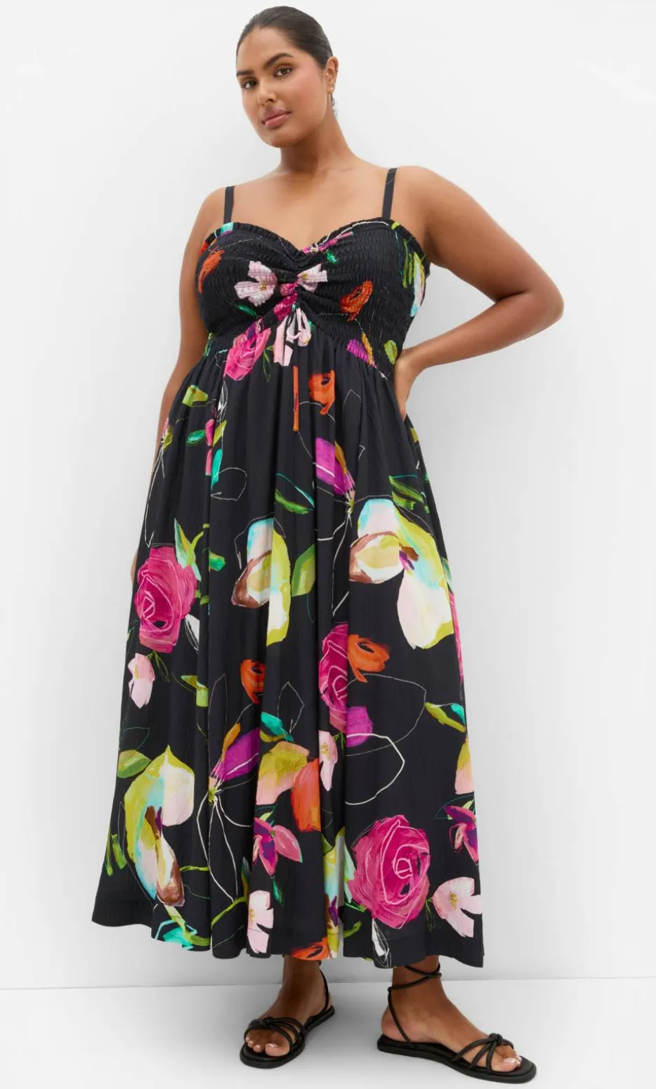 Malina Sketch Print Shirred Maxi Dress - black