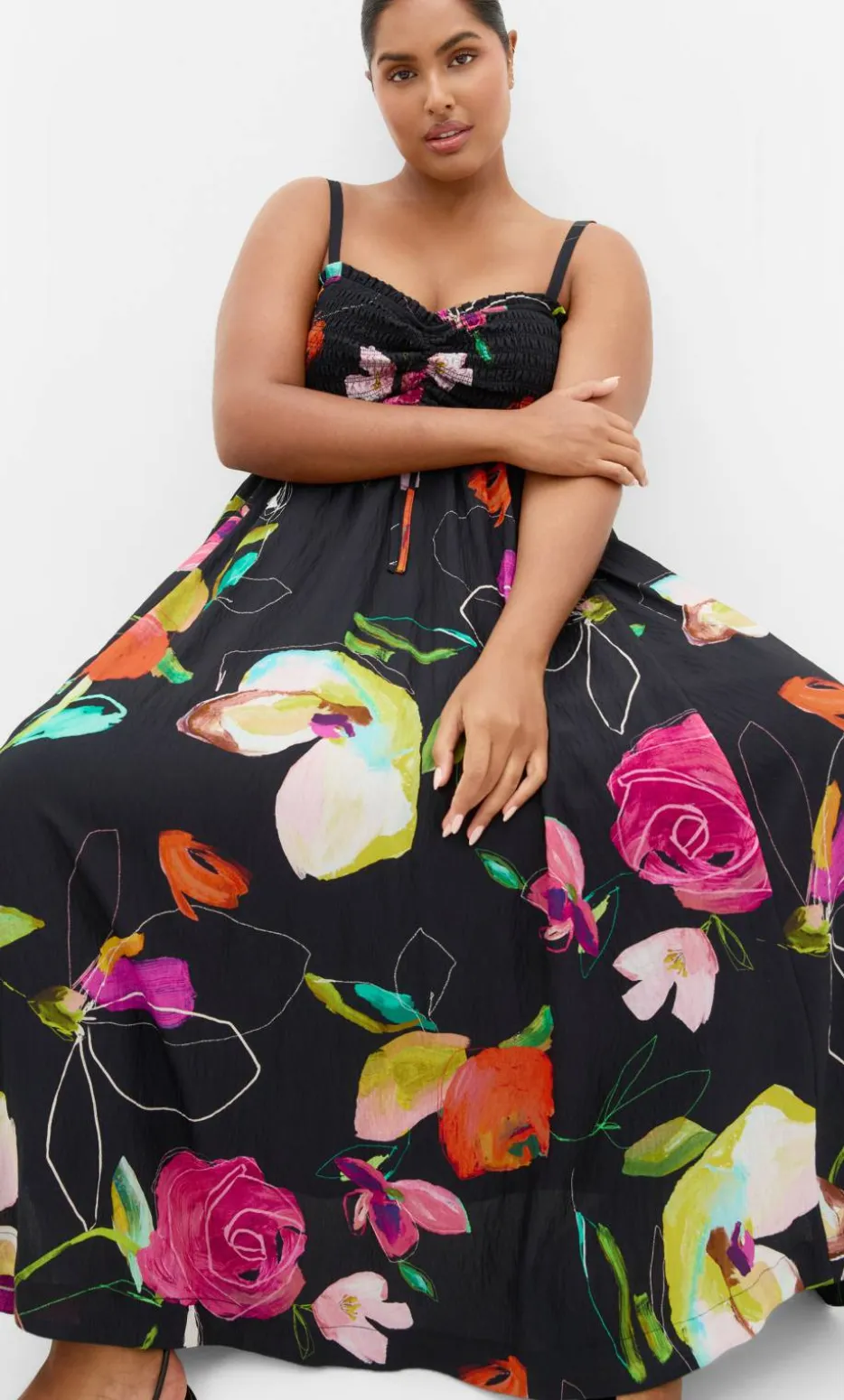 Malina Sketch Print Shirred Maxi Dress - black