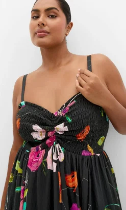 Malina Sketch Print Shirred Maxi Dress - black