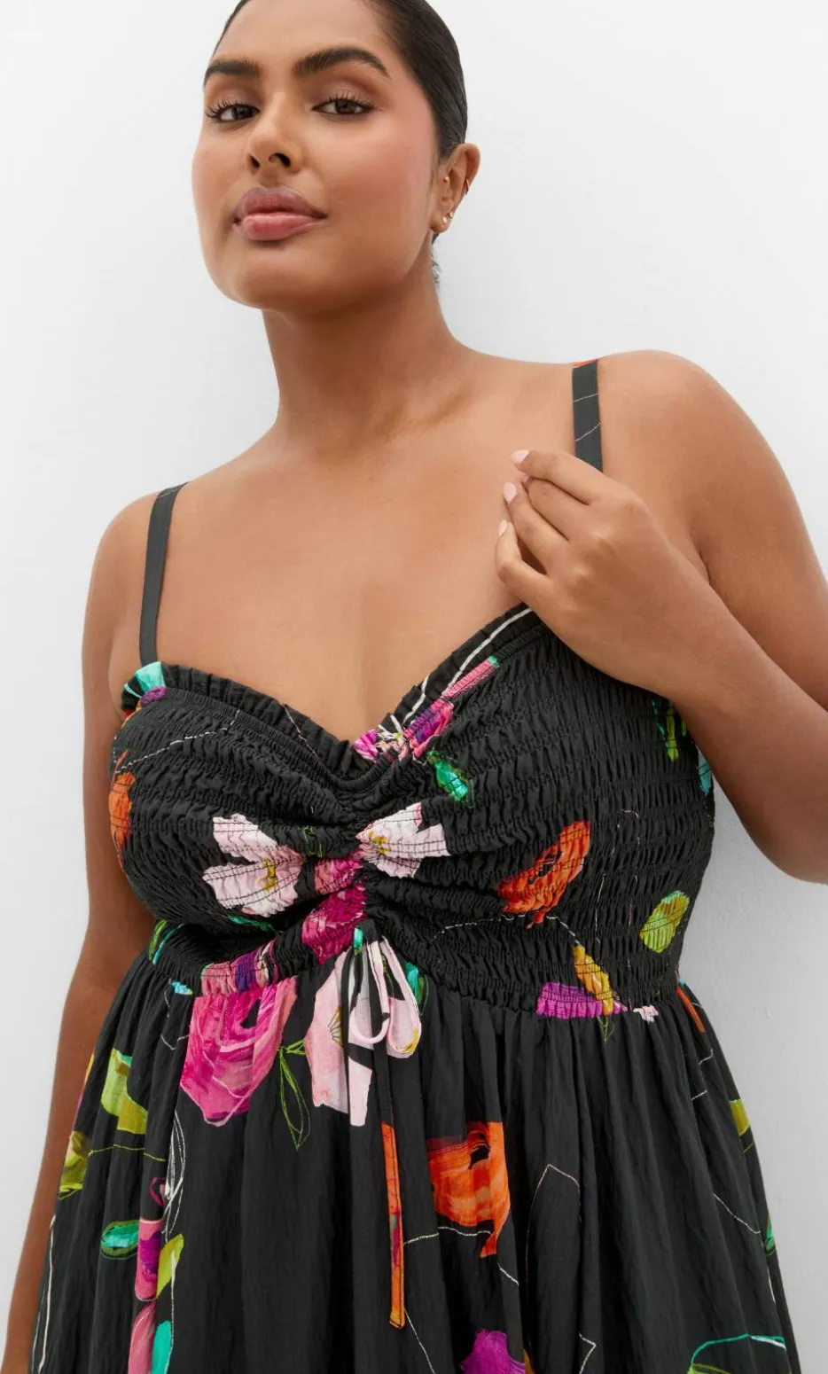 Malina Sketch Print Shirred Maxi Dress - black